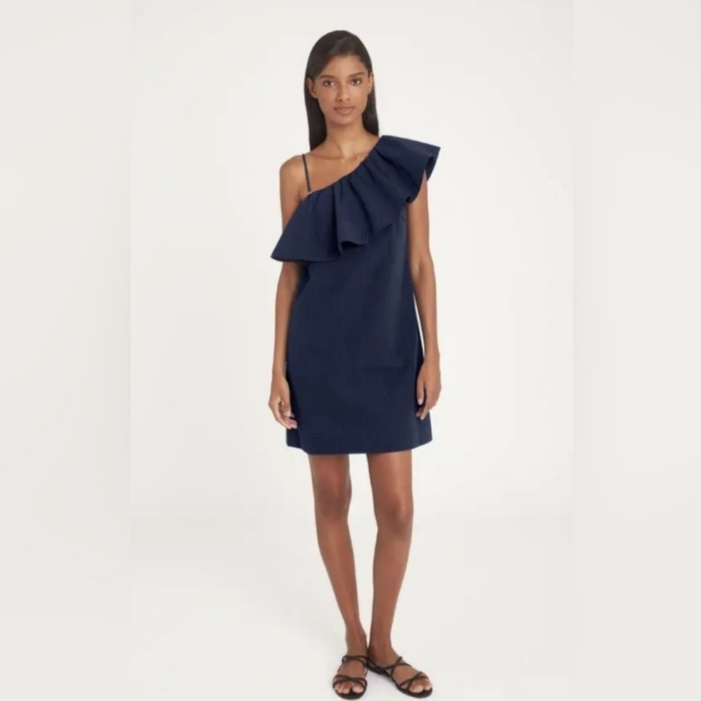 Cuyana Seersucker One Shoulder Dress Womens Blue Mini Minimalist Cruise Ruffle M